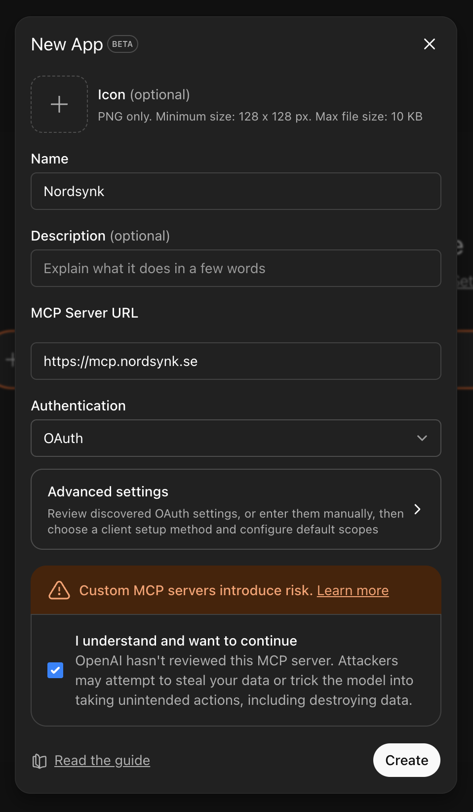 ChatGPT app dialog configured with Nordsynk's MCP server URL for Fortnox ChatGPT connection.