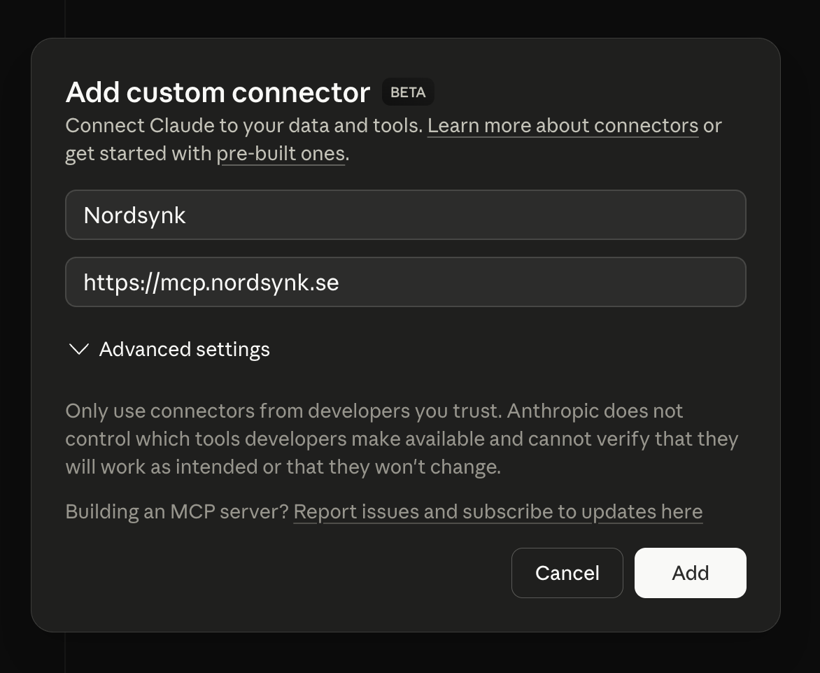 Claude-dialog för en anpassad connector med Nordsynk och MCP-adressen