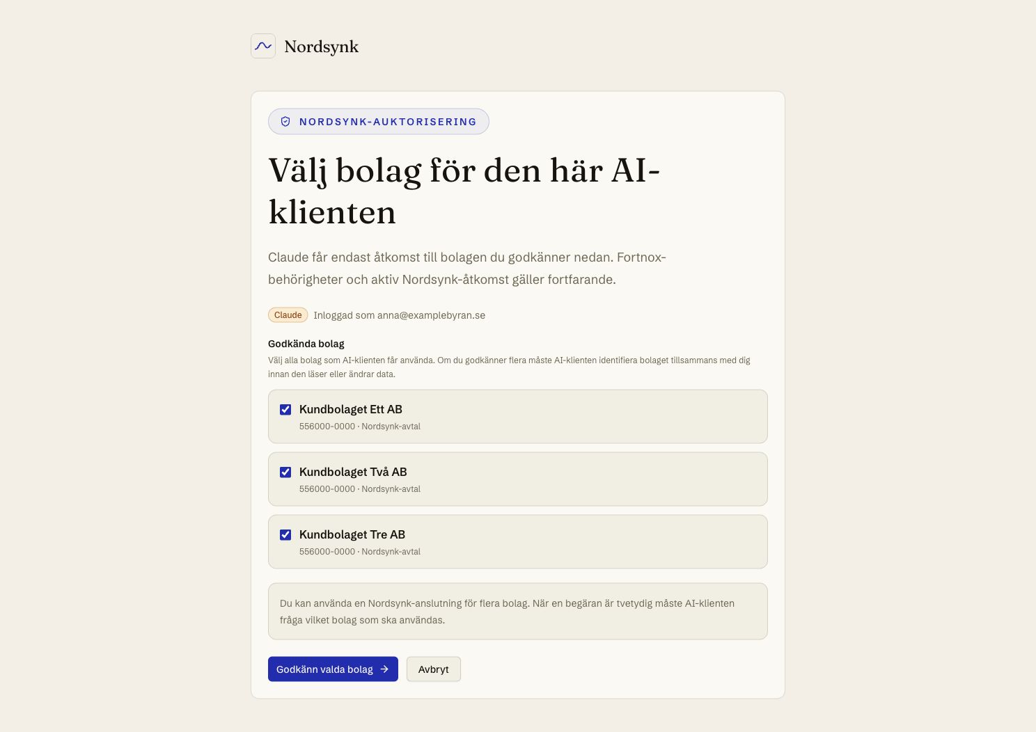 Nordsynks bolagsgodkännande med tre anonymiserade Fortnox-bolag valda för Claude