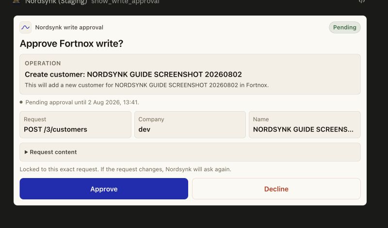 Nordsynks anonymiserade godkännandevy för en föreslagen Fortnox-ändring
