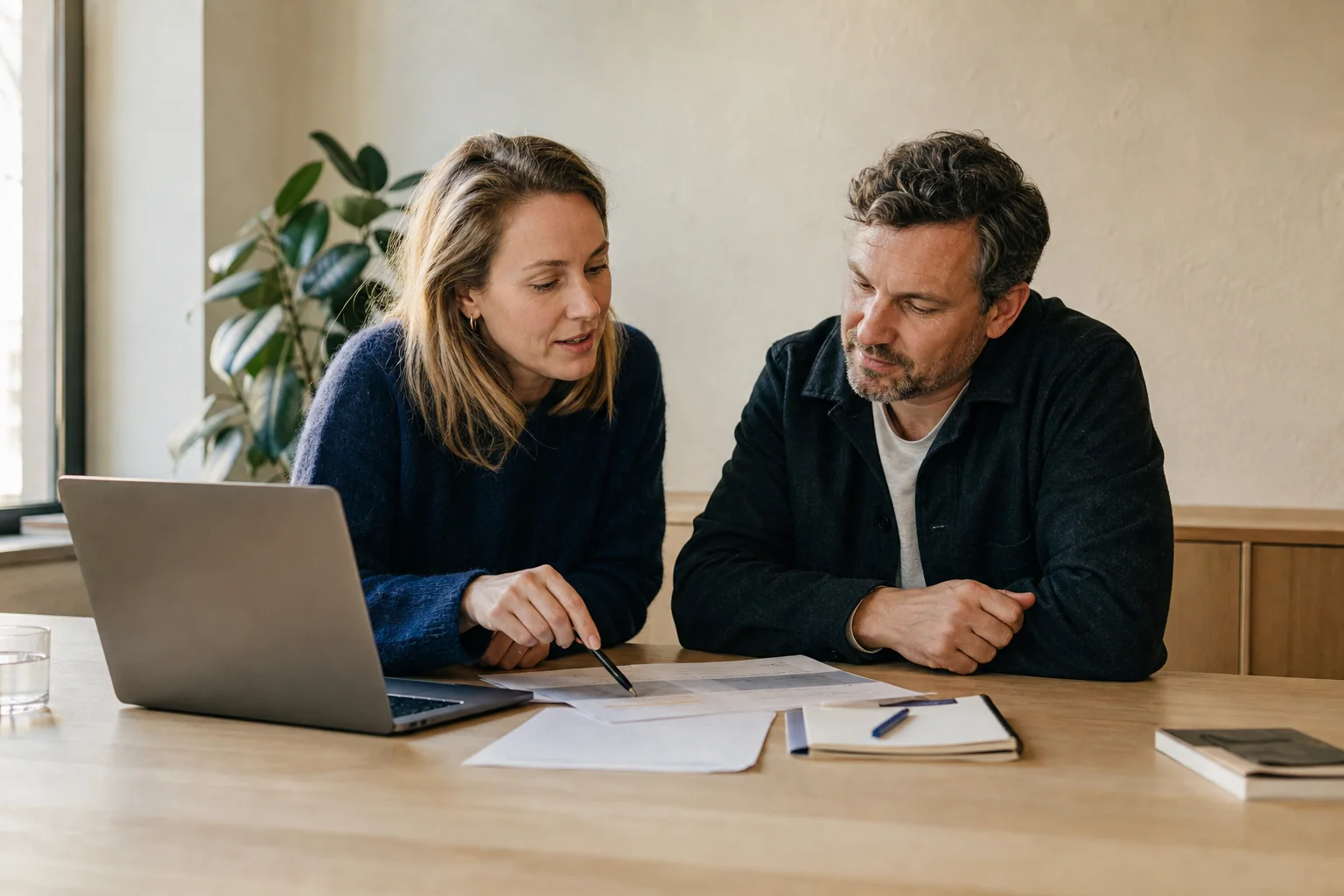 An accounting consultant and a business owner collaborate over a laptop and accounting documents.